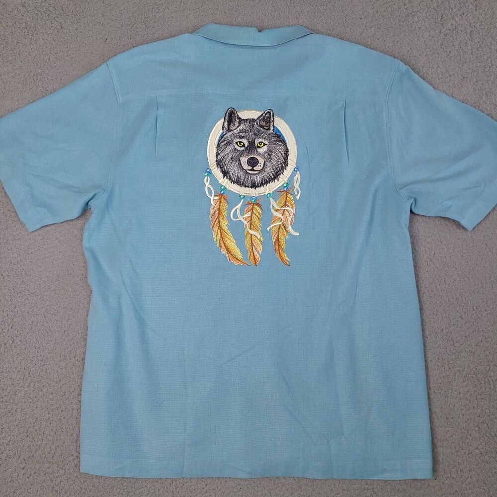 Tommy Bahama Shirt Mens Large Blue Silk Embroidered Wolf Dream Catcher Native
